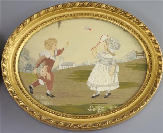 After Kate Greenaway. A pair of silkwork panels depicting children at play worked by Dorothy Vernon Williams of 6 x 7.5in.
